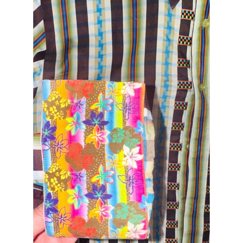 Robert Graham Mens L Multicolor Striped Embroidered Floral Flipped Cuff Shirt